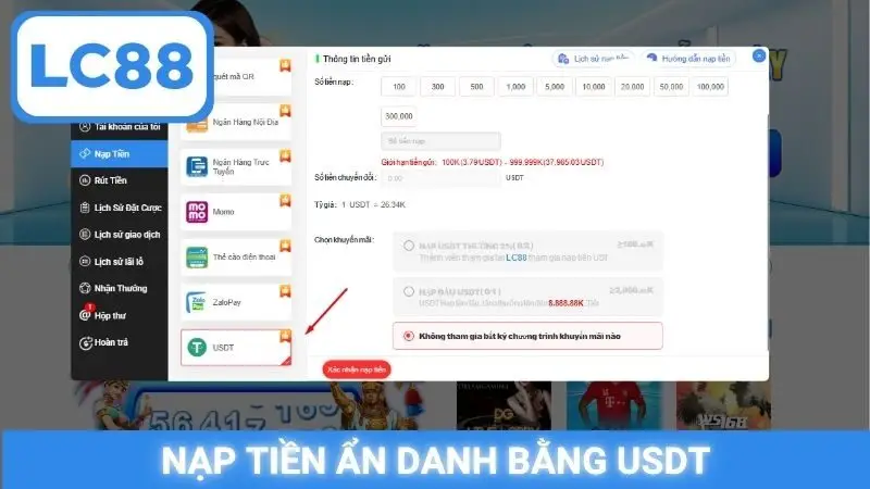 Nạp tiền ẩn danh bằng USDT